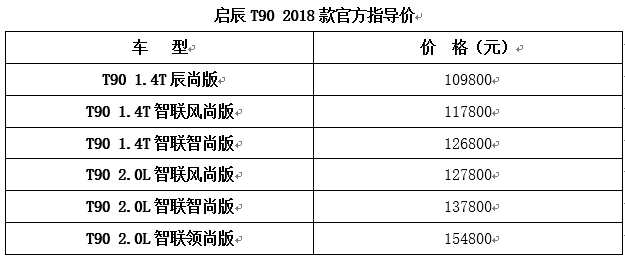 啓辰T90 2018款官方指導價